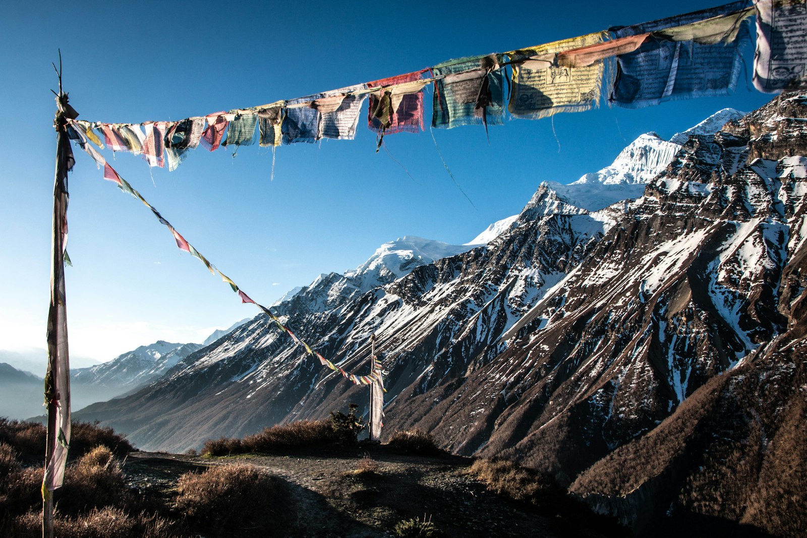 Prayer flags against snow-covered Himalayan peaks, Nepal