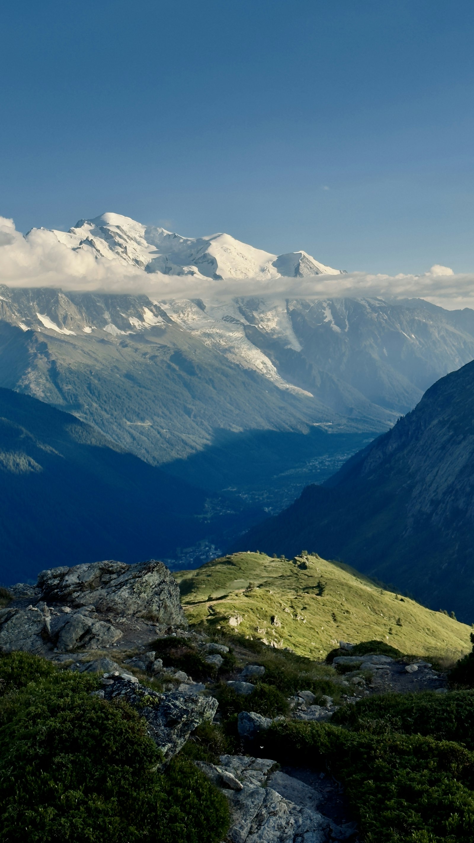 Snow-capped Mont Blanc massif and glaciers above Chamonix