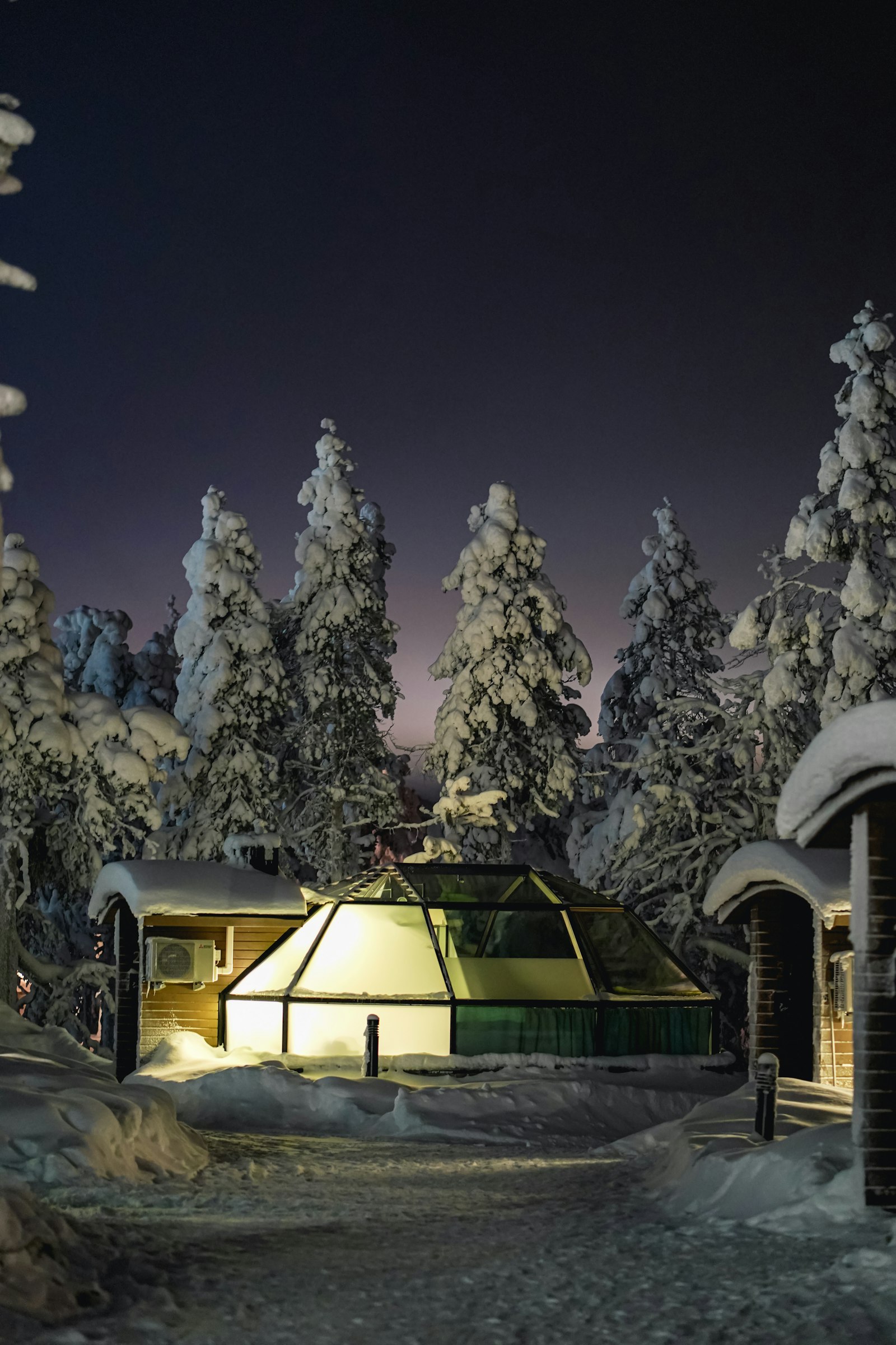 Glass-roofed igloo cabin among snowy pines, Finnish Lapland