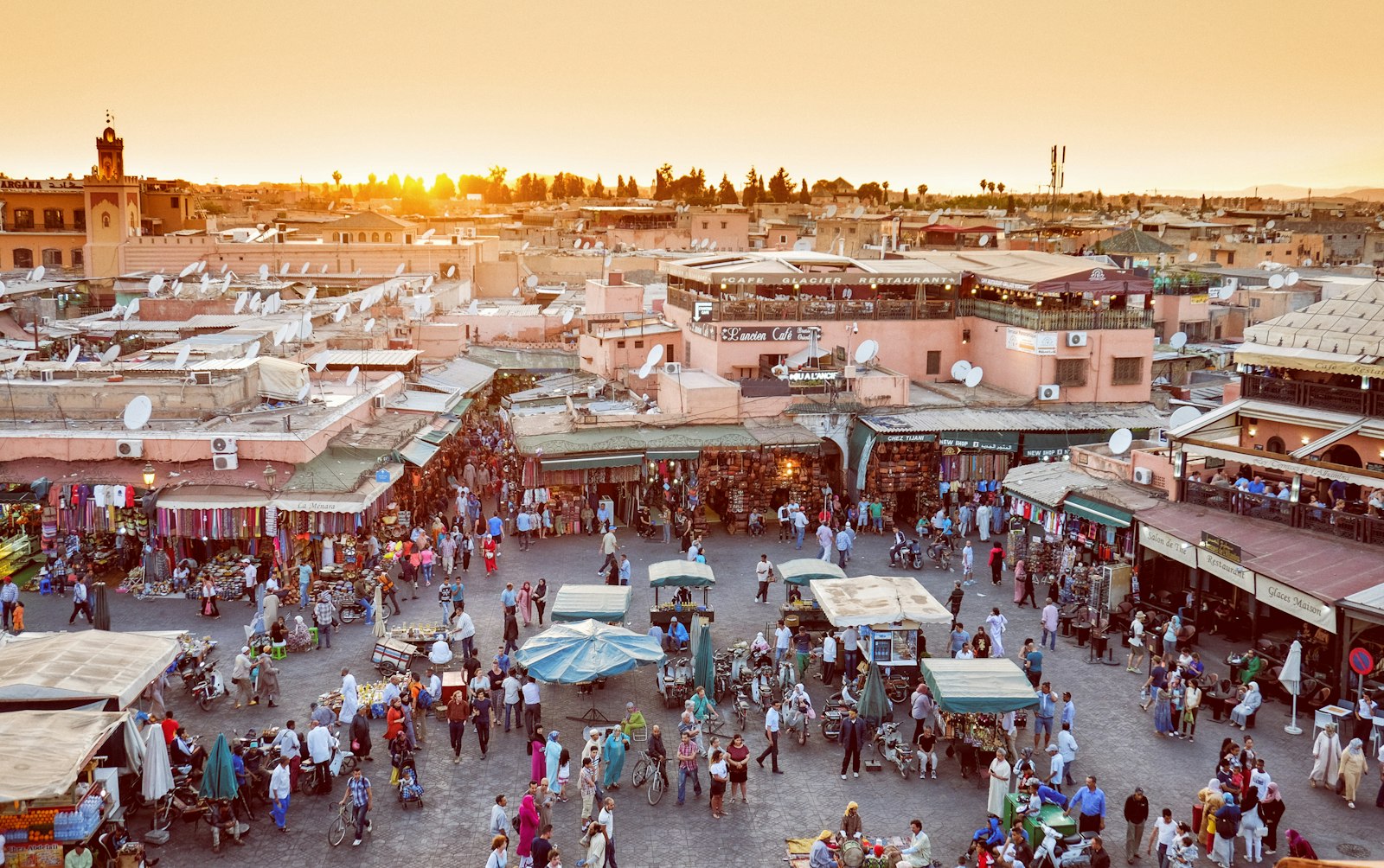 Rooftop over Jemaa el-Fnaa and the medina at sunset, Marrakech