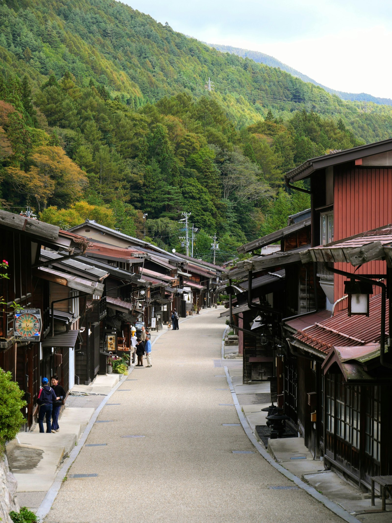 Narai-juku post town below forested mountains, Kiso Valley