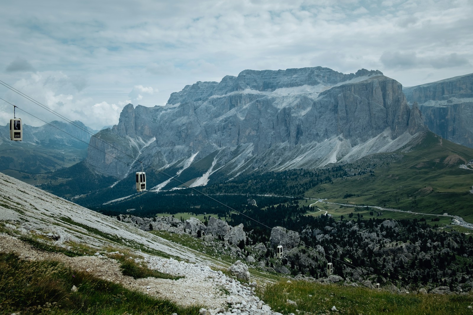 Jagged Dolomite peaks with a cable car, Sella group