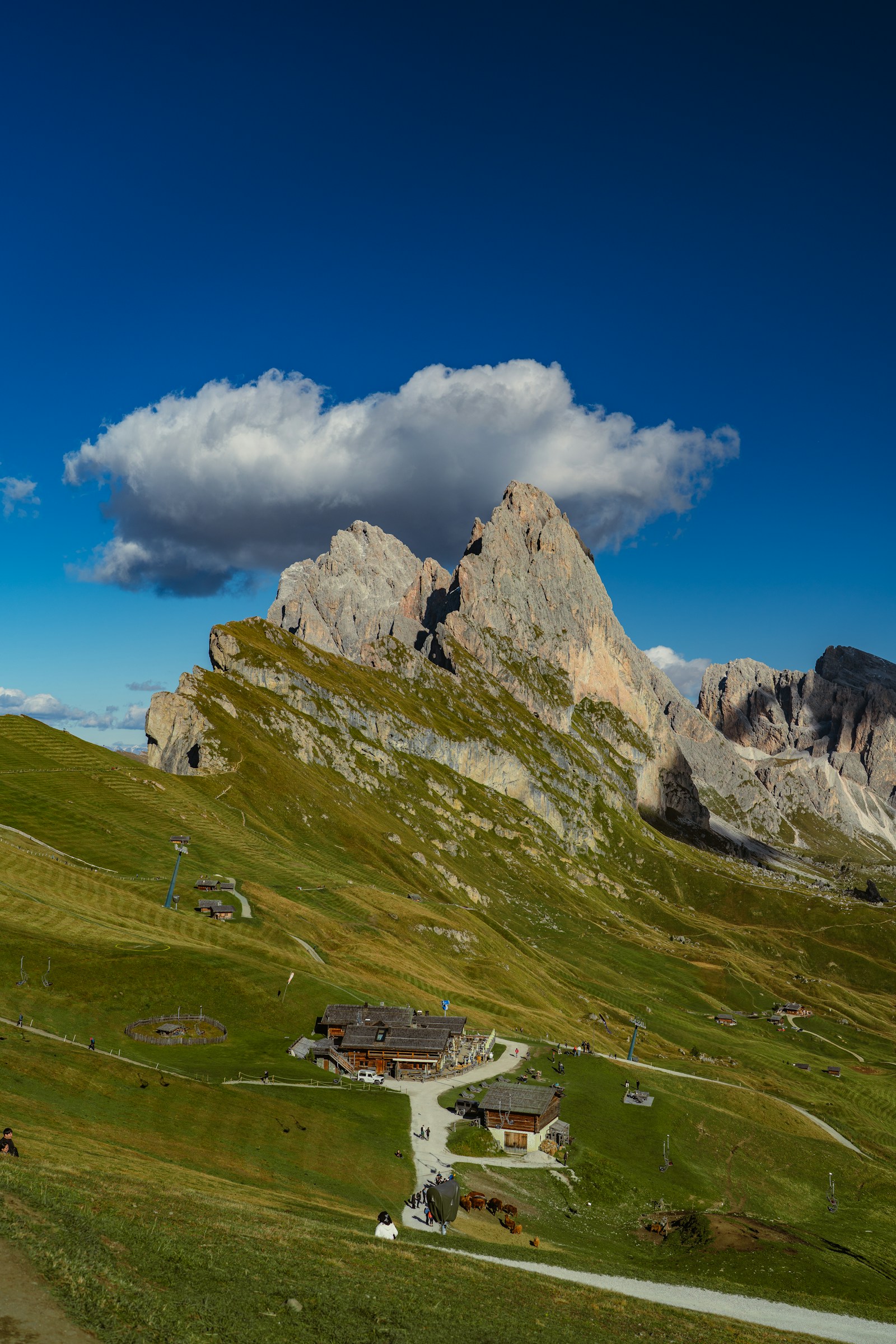 Seceda peak above an alpine pasture, Dolomites