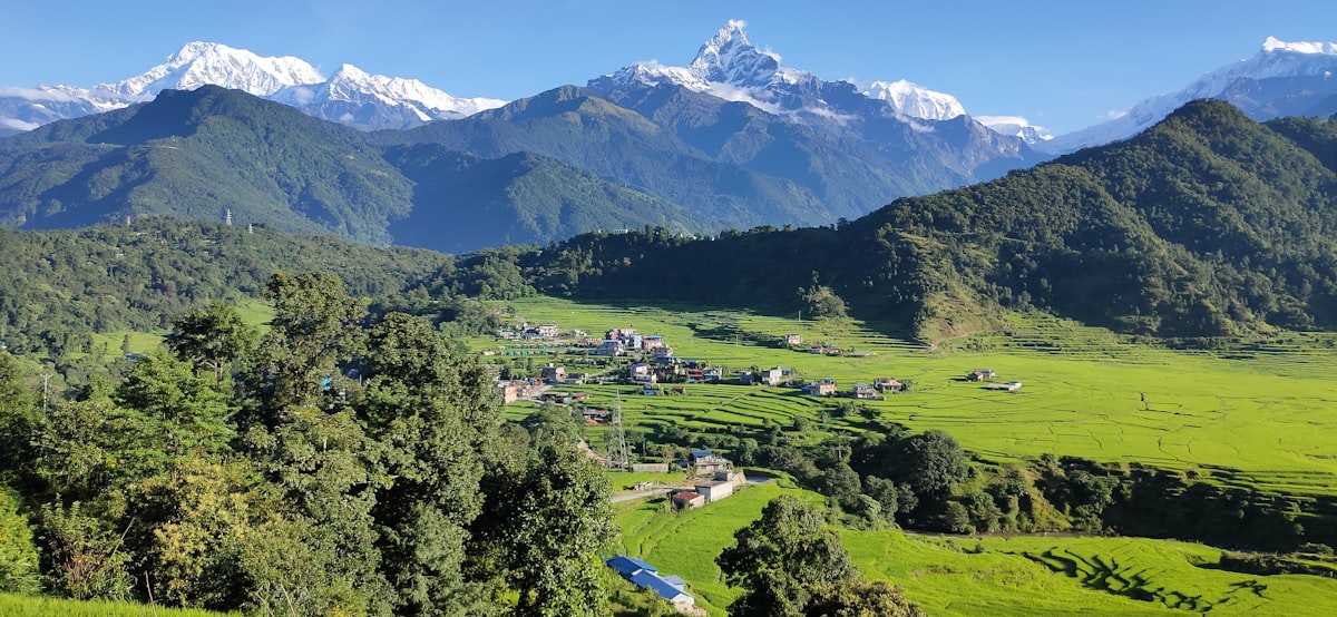 Machapuchare's fishtail peak above the green Pokhara valley