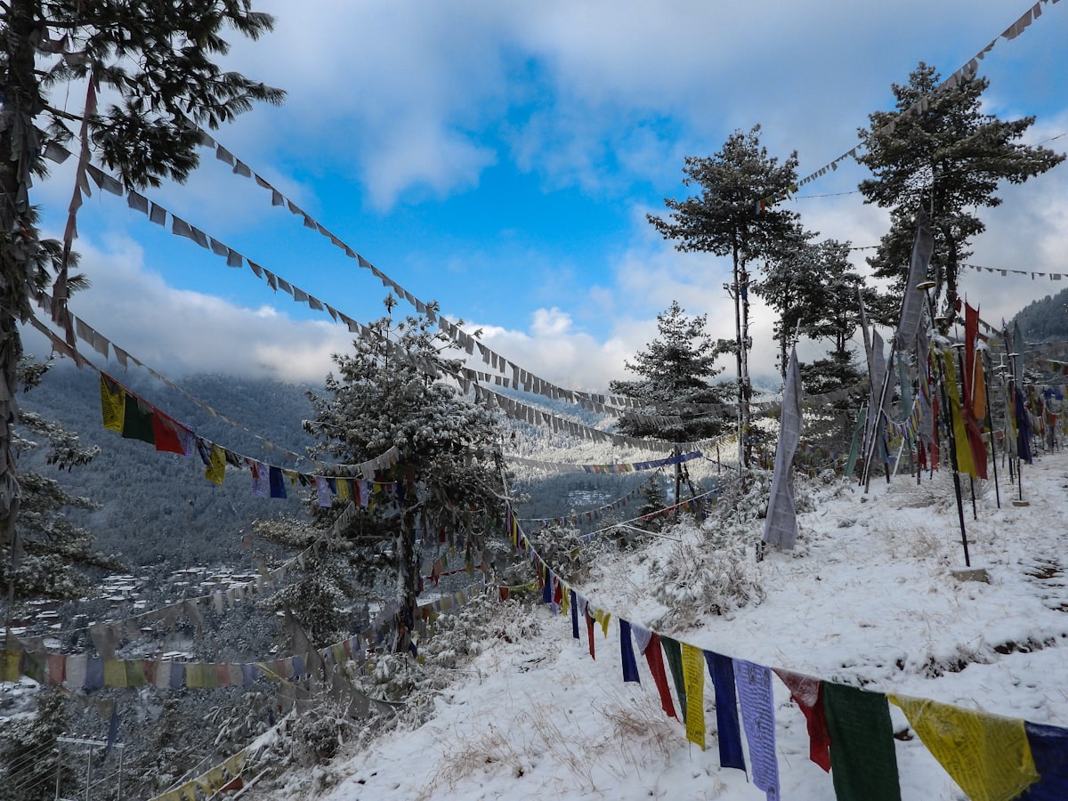 Snow-dusted prayer flags overlooking a Bhutanese valley
