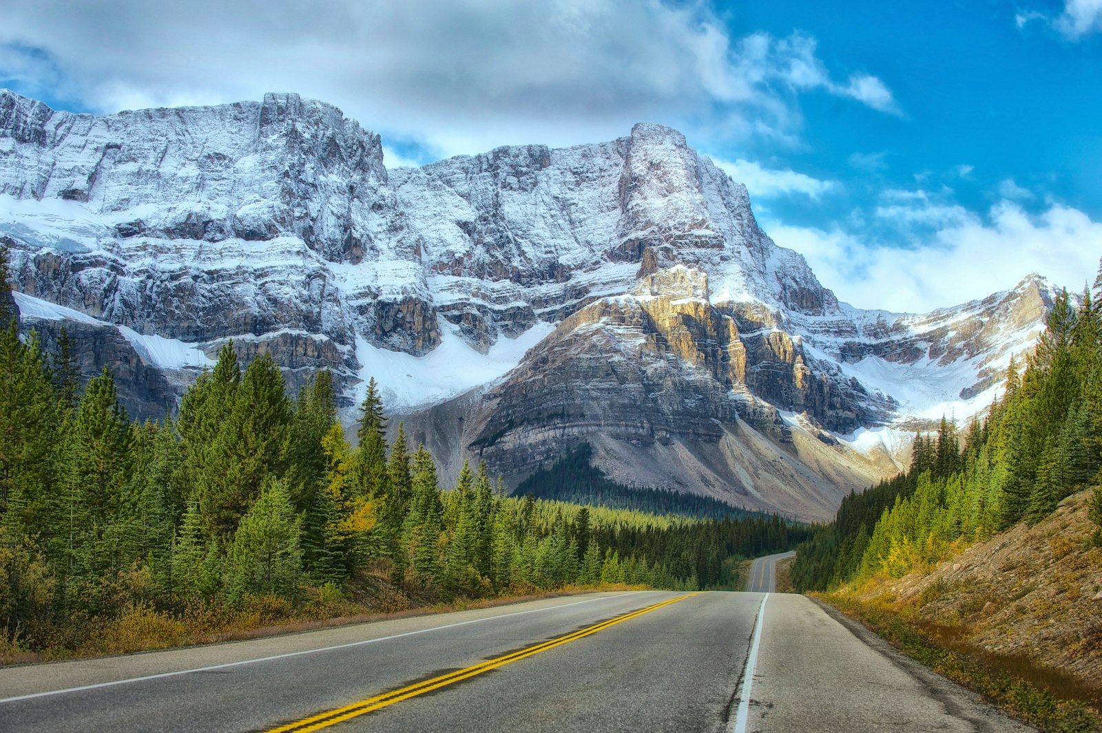 Icefields Parkway highway leading toward snow-capped peaks