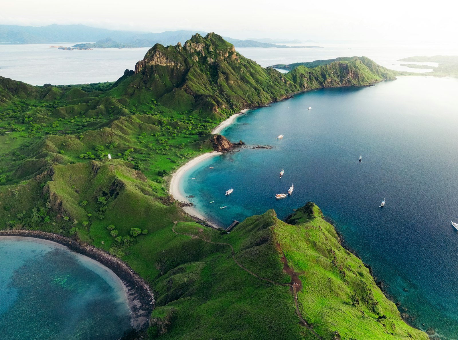 Aerial view of Padar Island's twin bays and ridgeline
