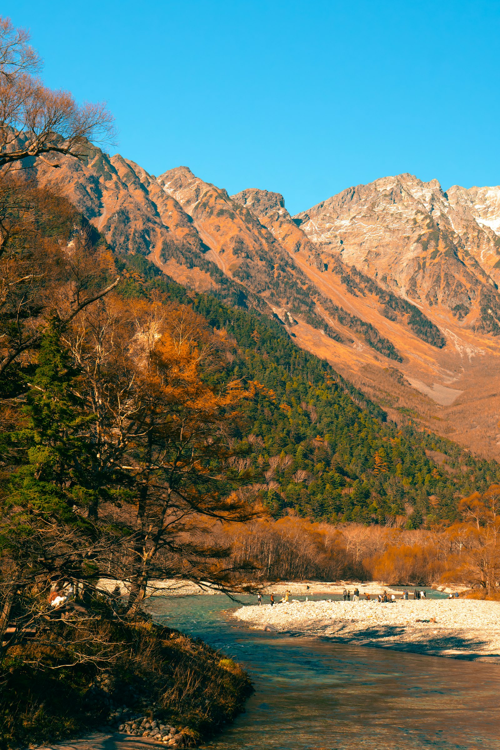 Autumn valley and gravel river bar in Kamikochi