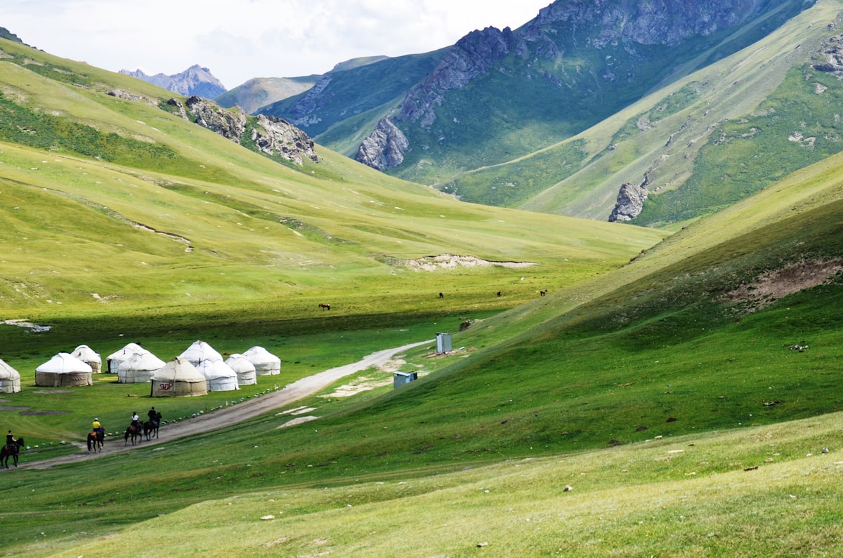 Yurt camp and grazing horses on the Song-Kol plateau