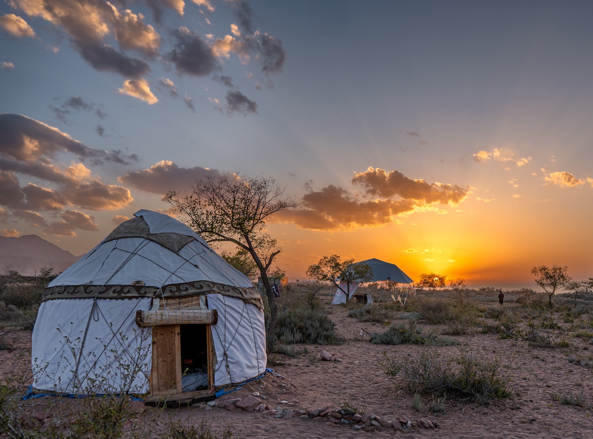 Traditional yurt at sunset on the Kyrgyz steppe