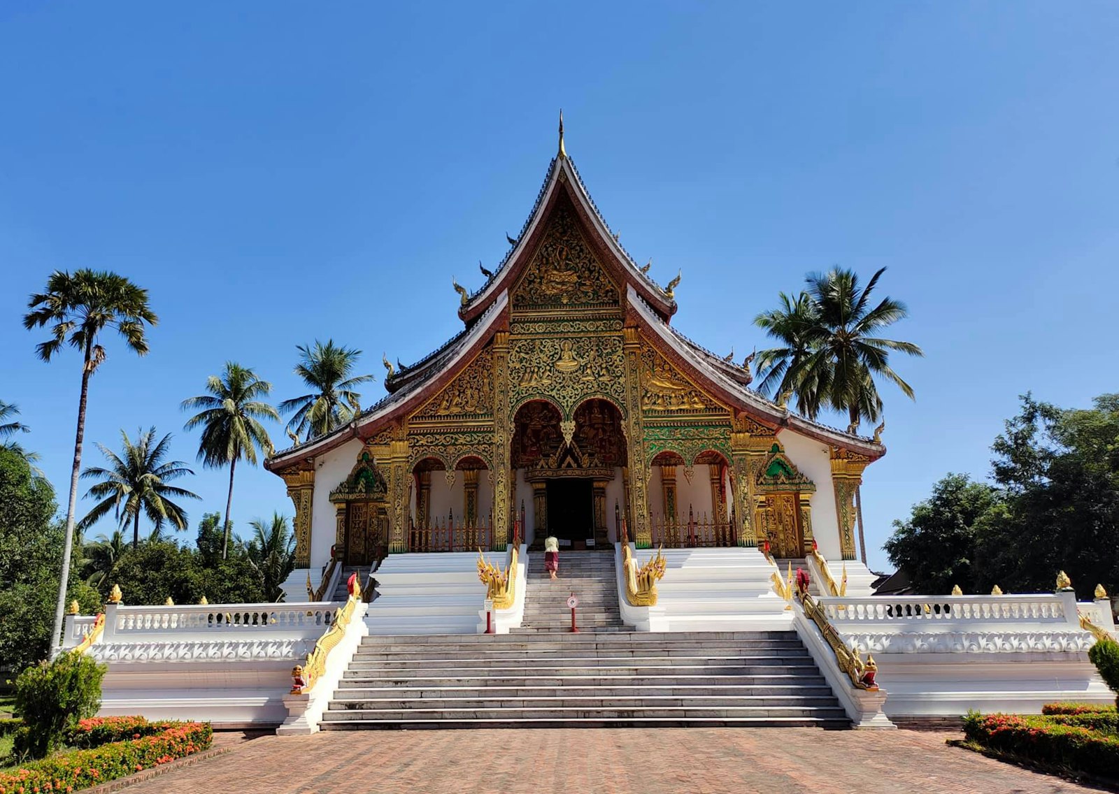 Gilded temple facade of a Luang Prabang wat framed by palm trees