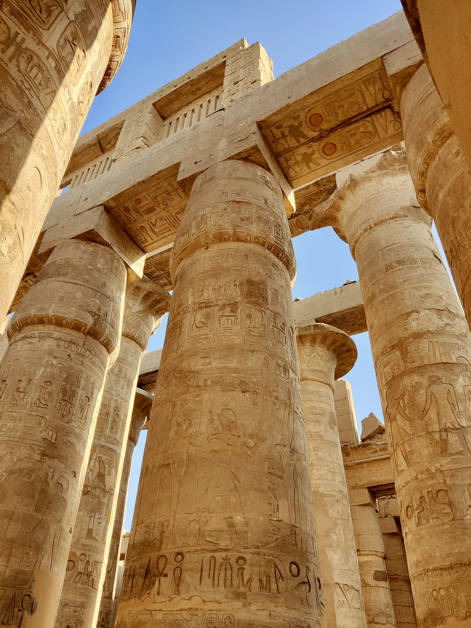 Hieroglyph-carved columns of the Great Hypostyle Hall at Karnak